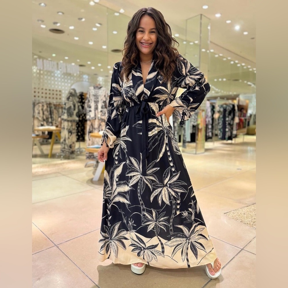 FARM Rio Black and Cream Tropical Long Sleeve Dress
